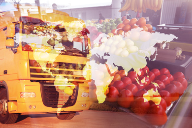 Image of Multiple exposure of truck, fresh fruits and world map. Wholesale concept