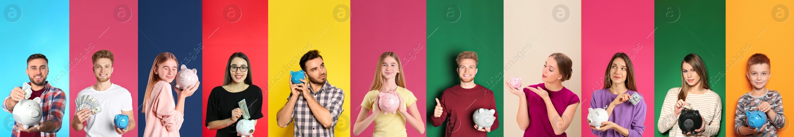 Image of Collage with photos of people holding piggy banks on different color backgrounds. Banner design