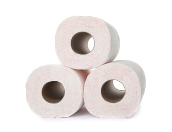 Photo of Rolls of toilet paper on white background