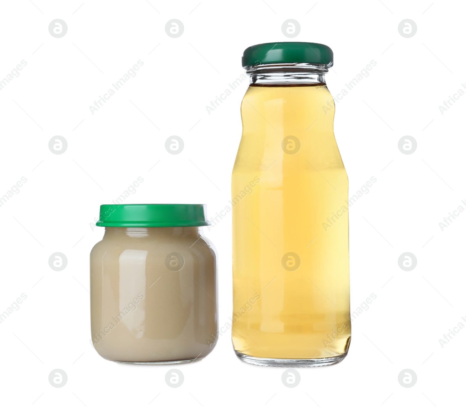 Photo of Baby food in jar near bottle of juice on white background