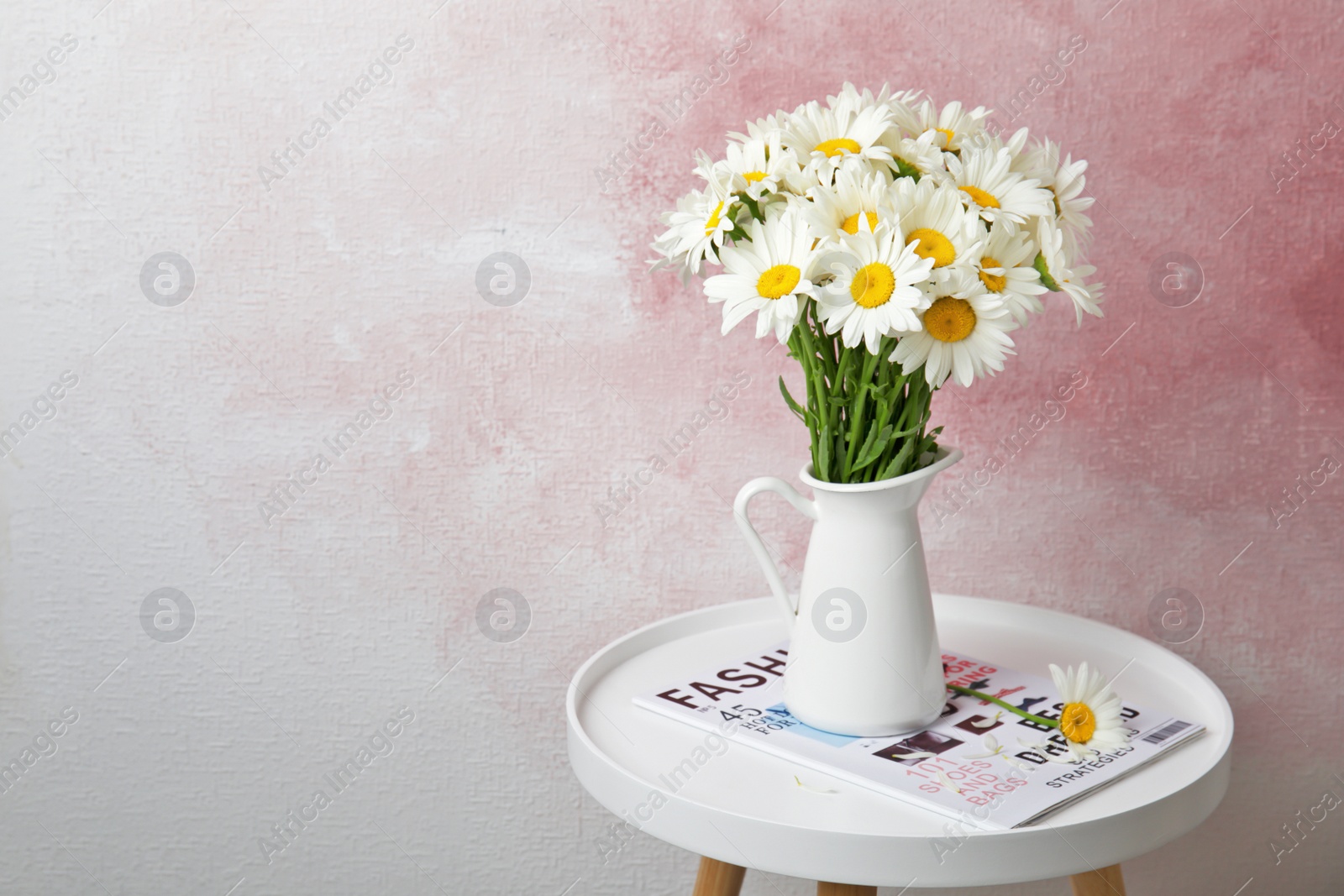 Photo of Jug with beautiful chamomile flowers on table against color background