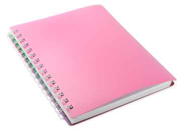 Stylish pink spiral notebook isolated on white