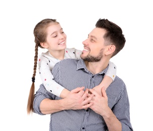 Photo of Dad and his daughter hugging on white background. Father's day celebration