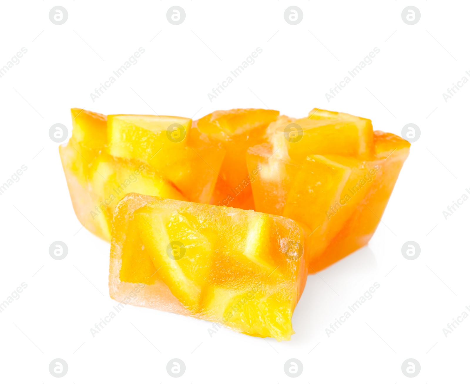 Photo of Ice cubes with orange slices on white background