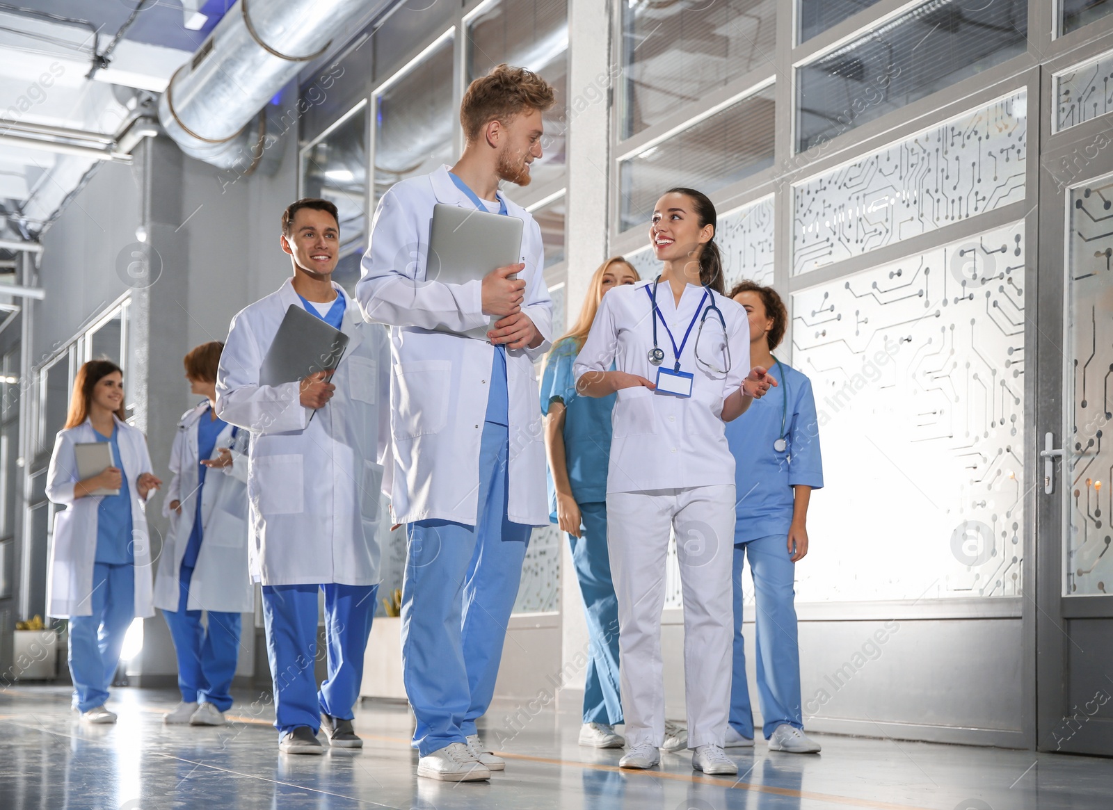 Photo of Group of medical students in college hallway