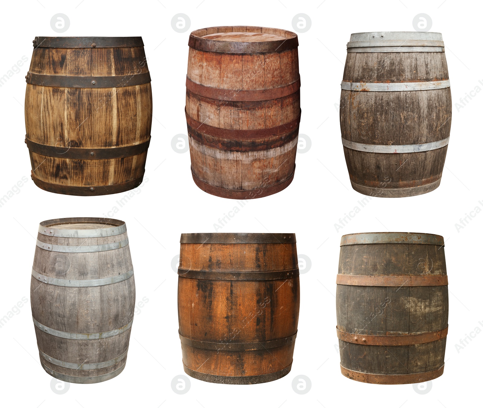 Image of Set with different wooden barrels isolated on white