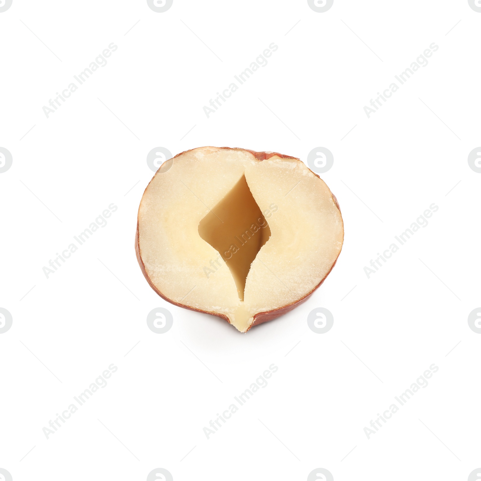 Photo of Half of tasty organic hazelnut on white background