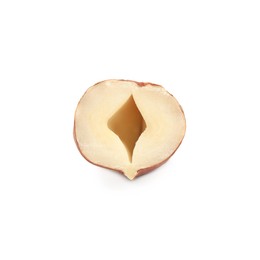 Half of tasty organic hazelnut on white background