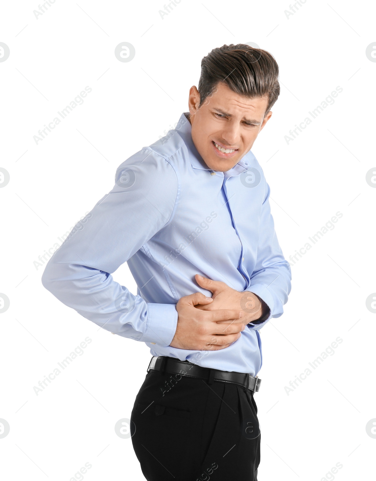 Photo of Man suffering from flank pain on white background