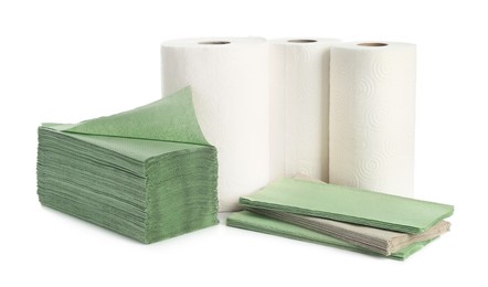 Photo of Many different paper towels on white background