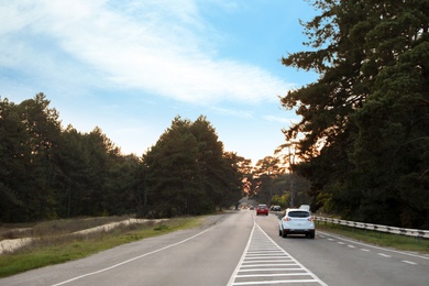 Photo of Highway near forest with cars at sunset. Road trip