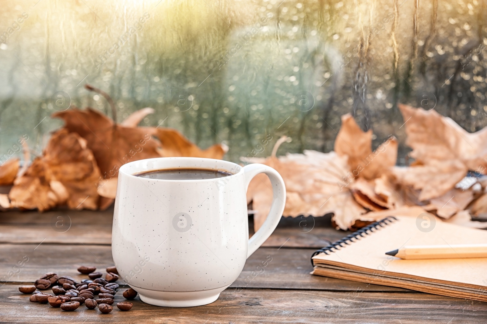 Photo of Composition with cup of hot cozy drink and autumn leaves on windowsill