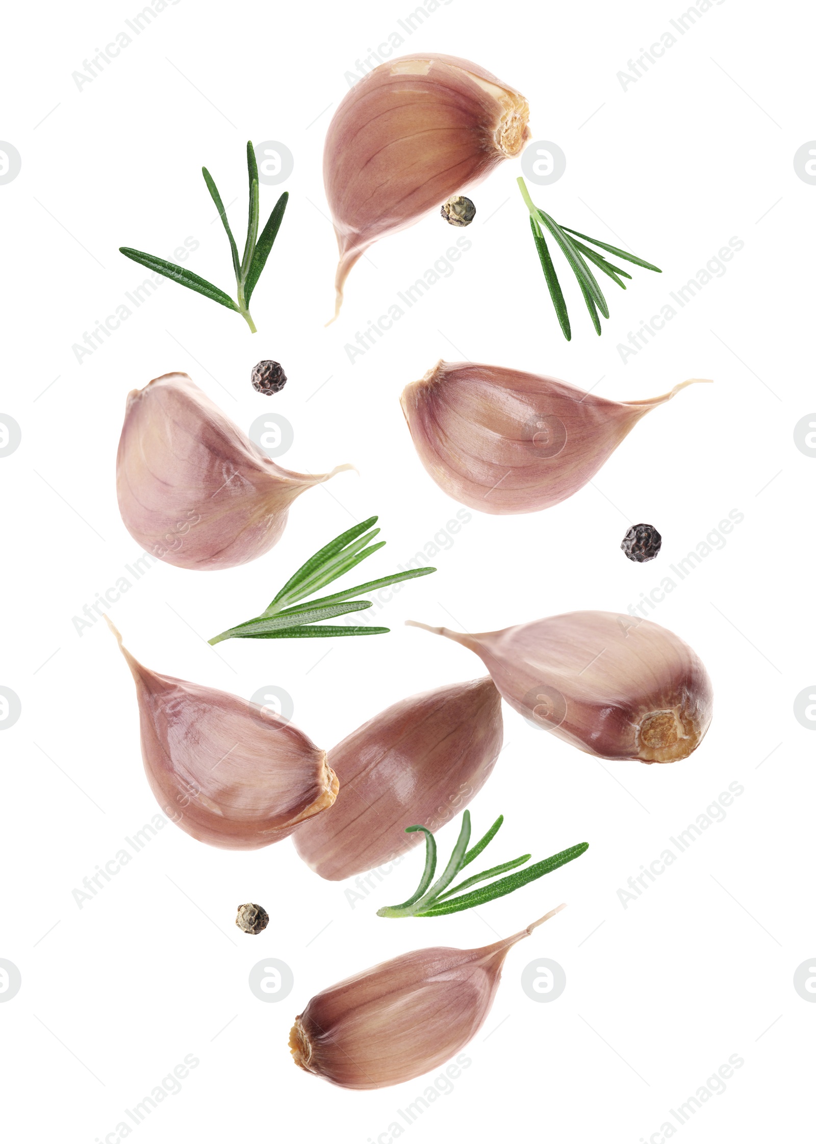 Image of Fresh garlic cloves, peppercorns and rosemary falling on white background