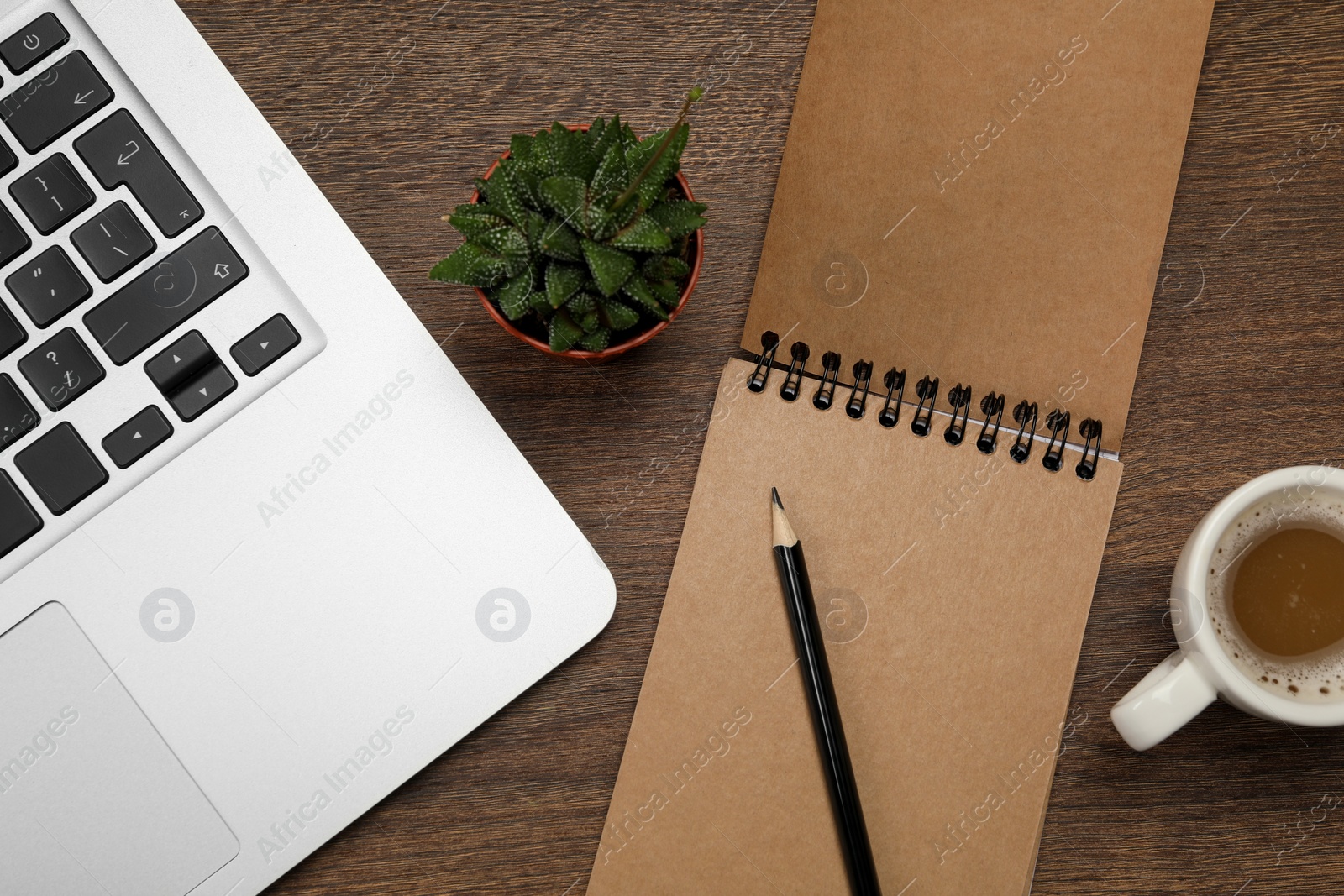 Photo of Modern laptop, notebook, pencil, cup of coffee and houseplant on wooden table, flat lay