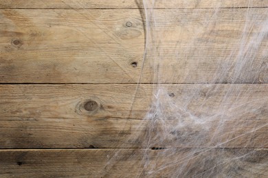 Creepy white cobweb on wooden wall, space for text
