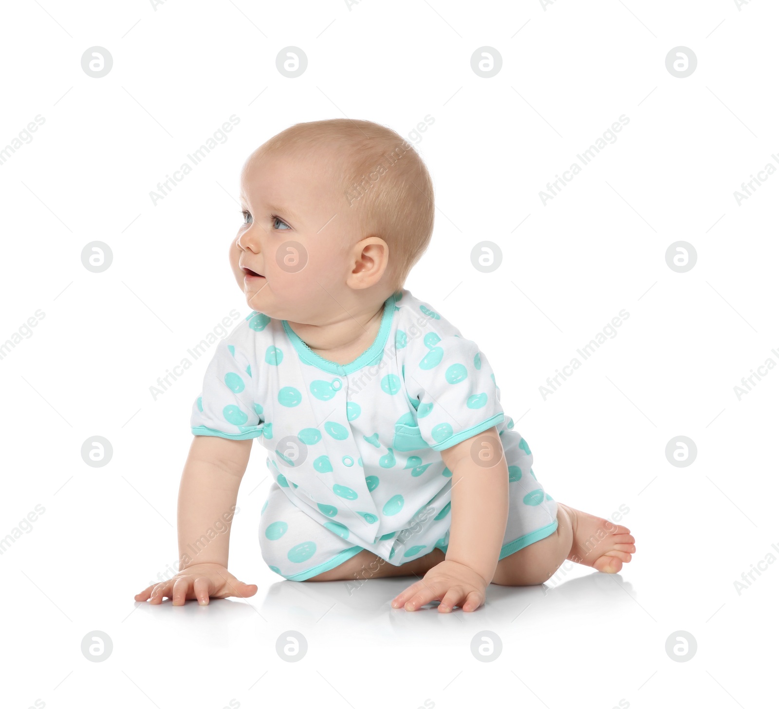 Photo of Cute little baby crawling on white background