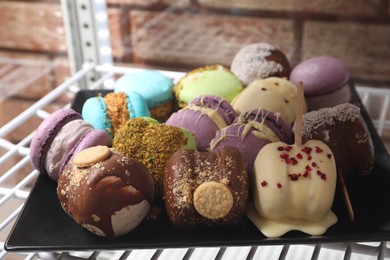 Photo of Display case with delicious colorful macarons on shelf in cafe