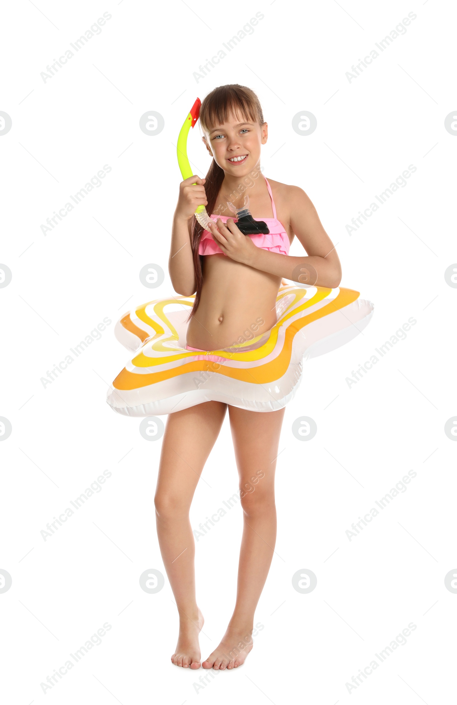 Photo of Cute little girl with bright inflatable ring on white background