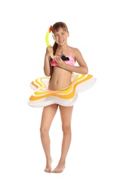 Photo of Cute little girl with bright inflatable ring on white background