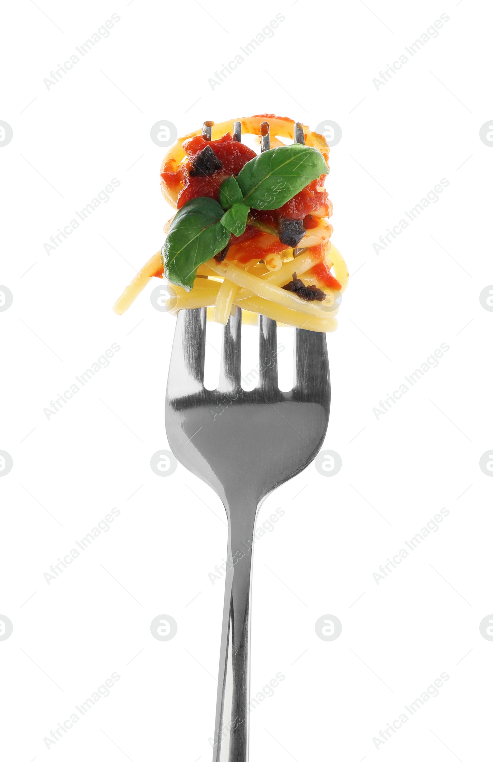 Photo of Fork with tasty pasta, basil and sauce isolated on white