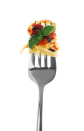 Photo of Fork with tasty pasta, basil and sauce isolated on white