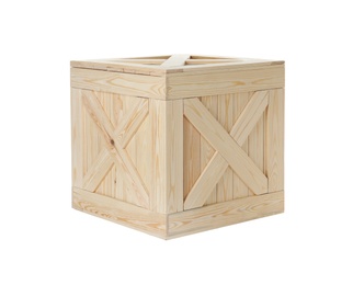 Photo of Closed new wooden crate isolated on white