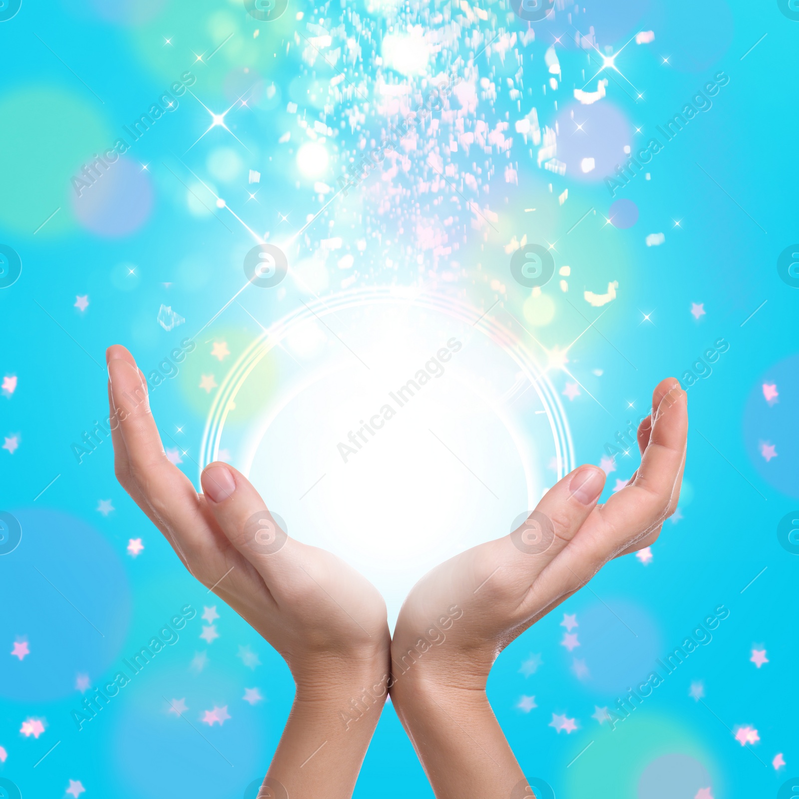 Image of Concept of karma. Closeup view of woman and fairy light on color background