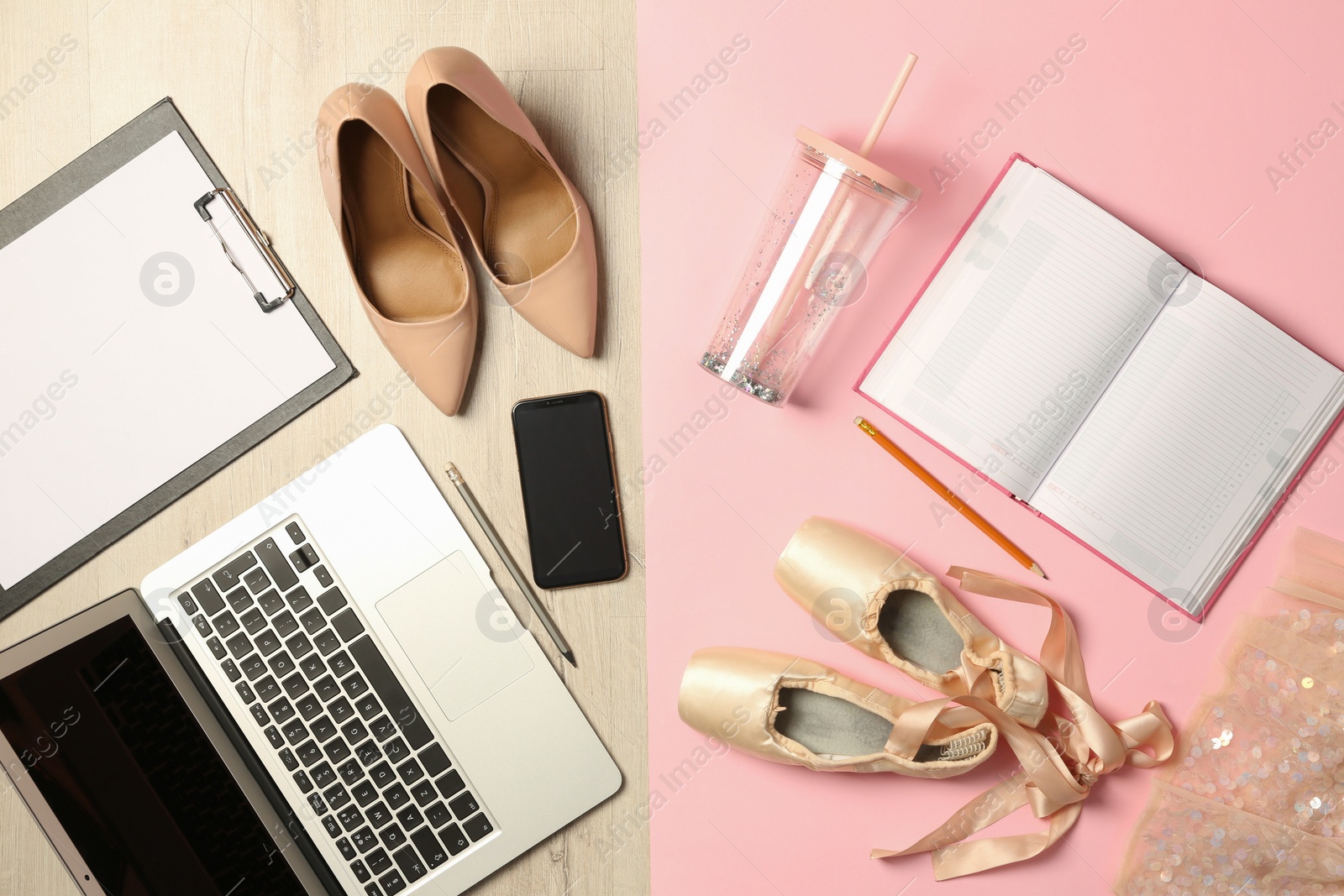 Photo of Flat lay composition with business items and art accessories on color background. Concept of balance between work and life