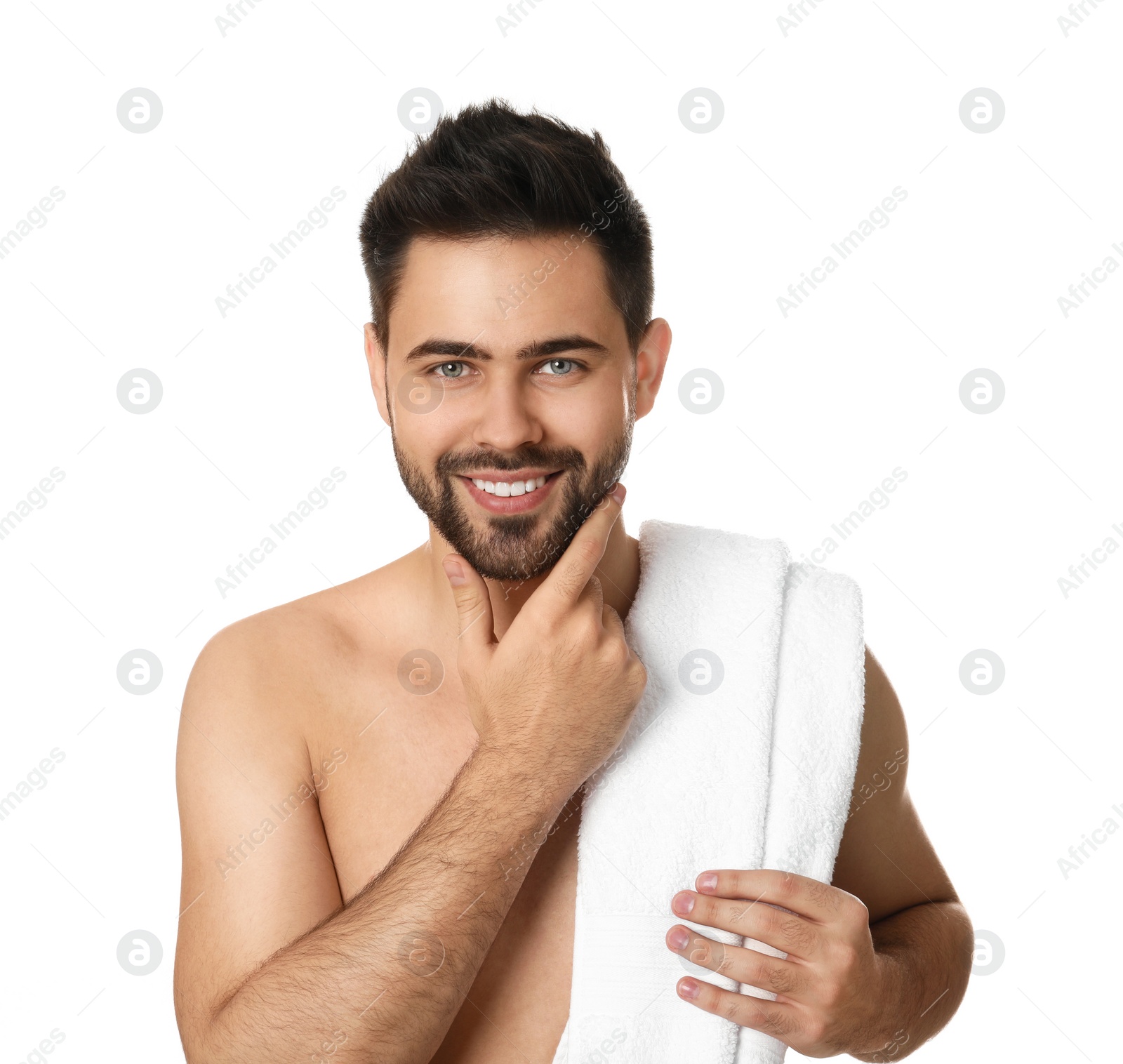 Photo of Handsome young man with beard after shaving on white background