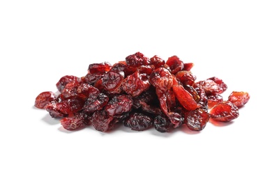 Heap of cranberries on white background. Dried fruit as healthy snack