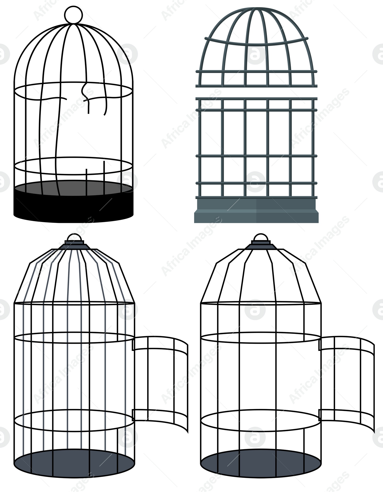 Illustration of Collage of different broken and open cages on white background