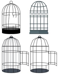 Collage of different broken and open cages on white background