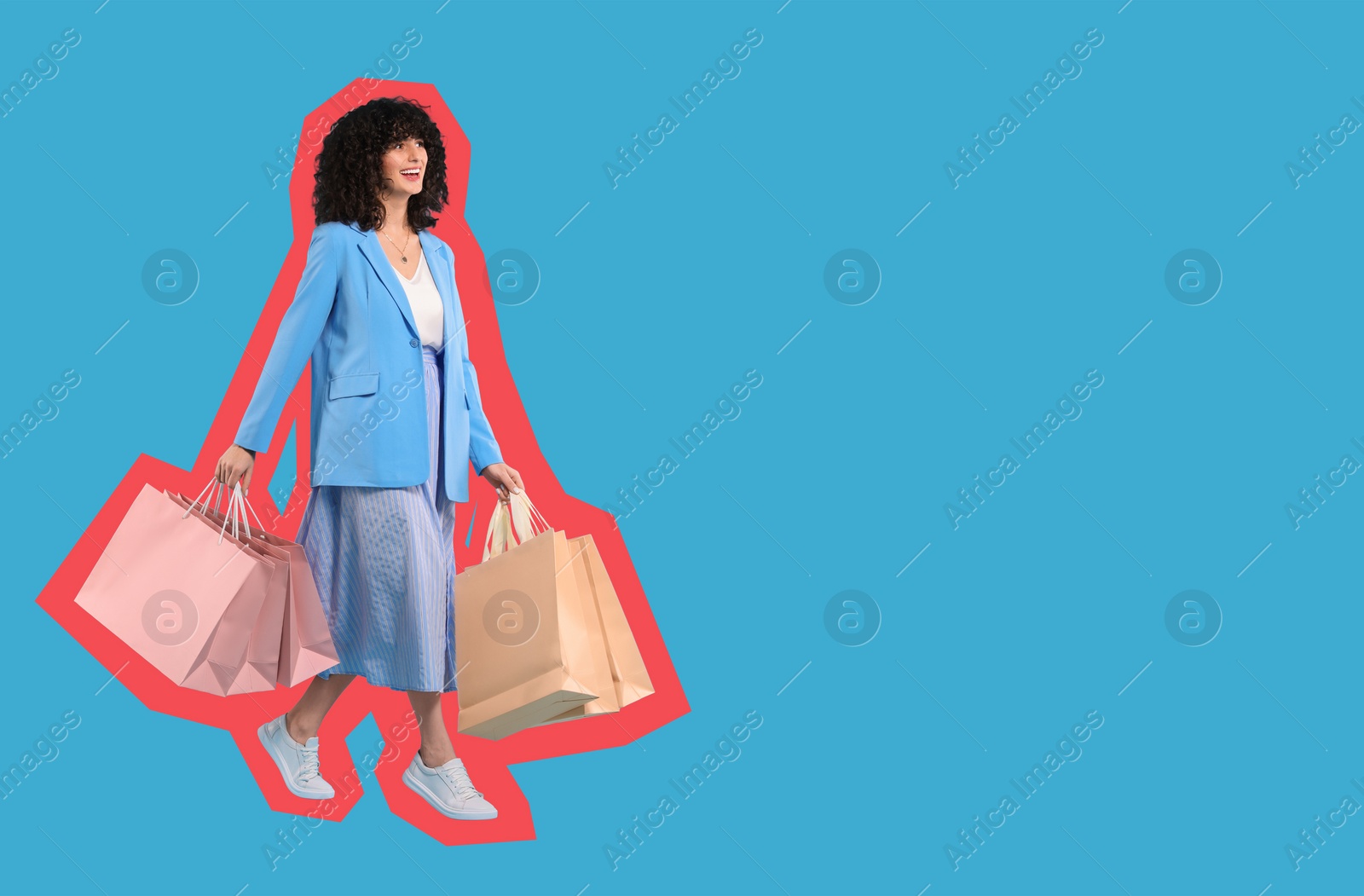 Image of Happy woman with shopping bags on light blue background, space for text
