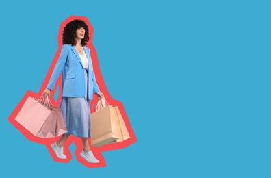 Happy woman with shopping bags on light blue background, space for text