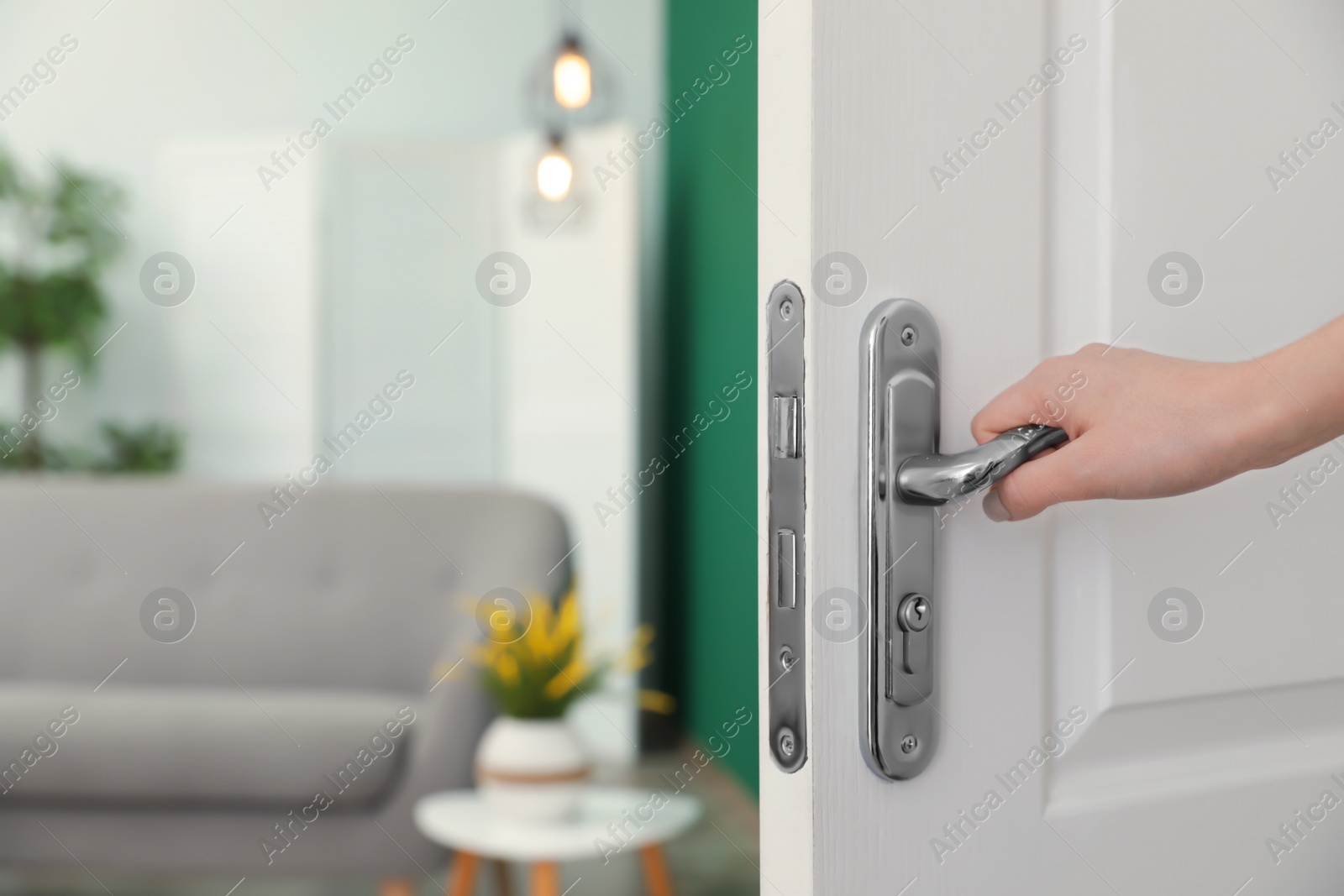 Photo of Woman opening door to stylish room, closeup. Interior design