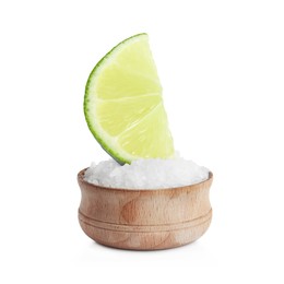 Image of Cut lime dipping into salt isolated on white. Margarita cocktail ingredients