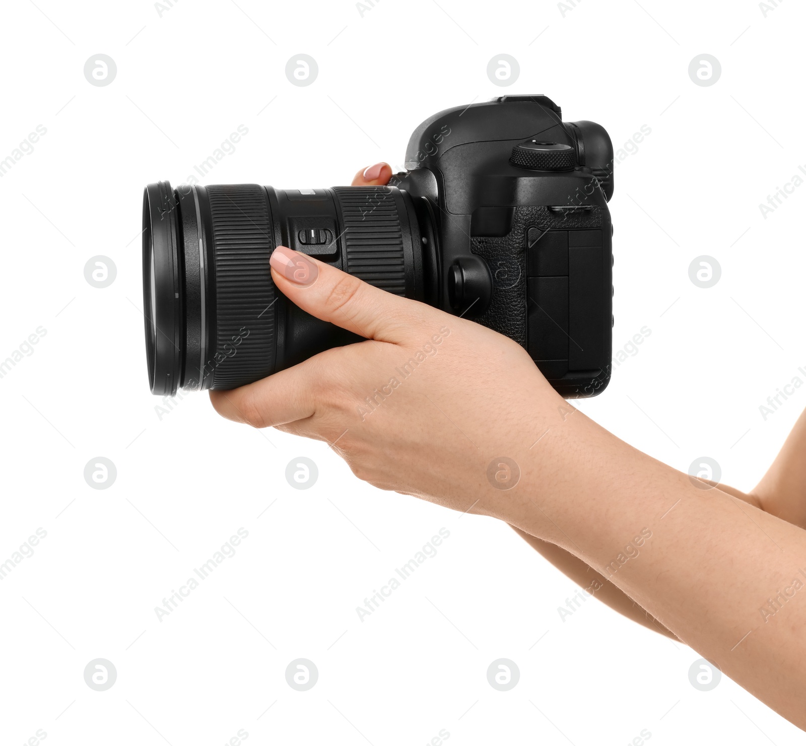 Photo of Photographer with camera on white background, closeup