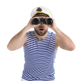 Photo of Shocked sailor looking through binoculars on white background