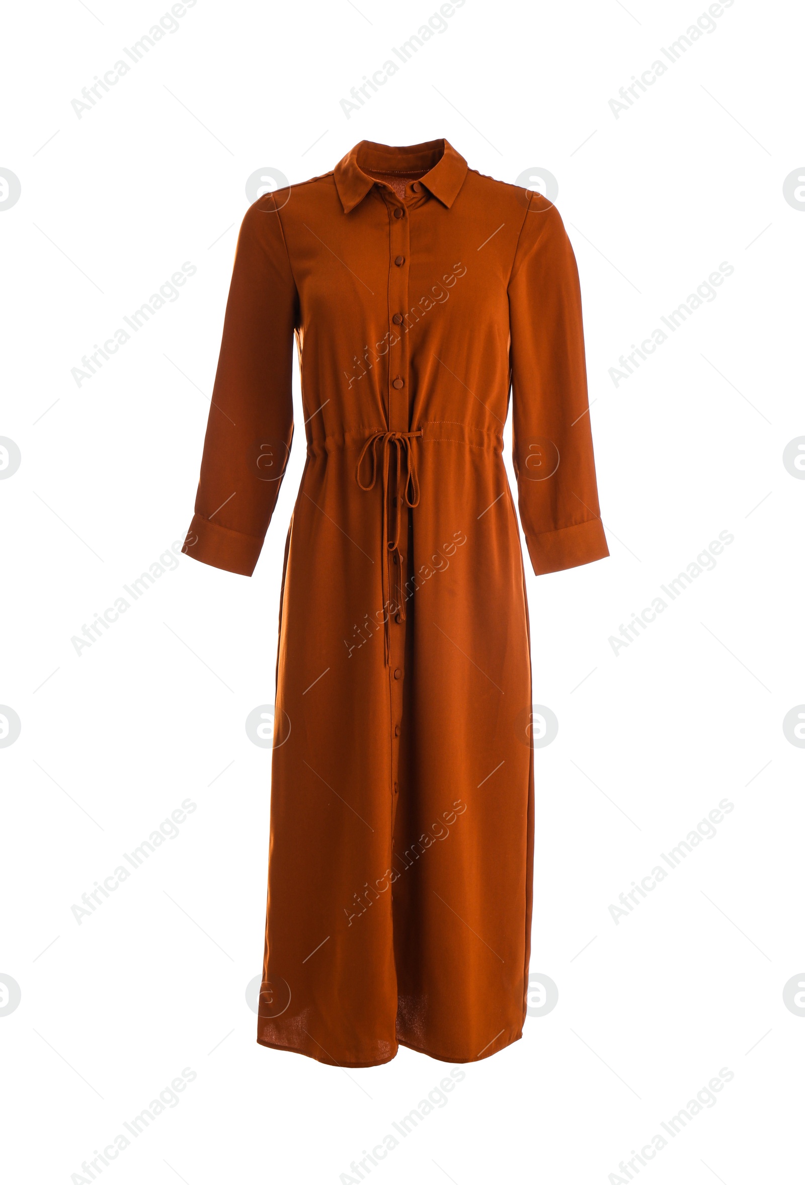 Photo of Elegant brown dress on mannequin against white background. Women's clothes