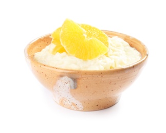 Photo of Creamy rice pudding with orange slices in bowl on white background