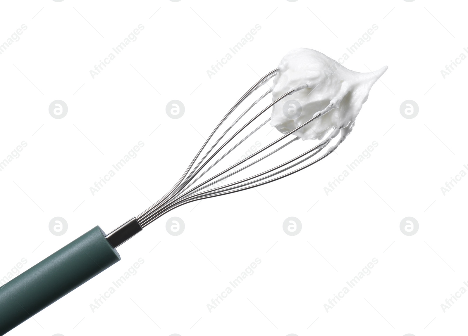 Photo of Whisk with whipped egg whites isolated on white