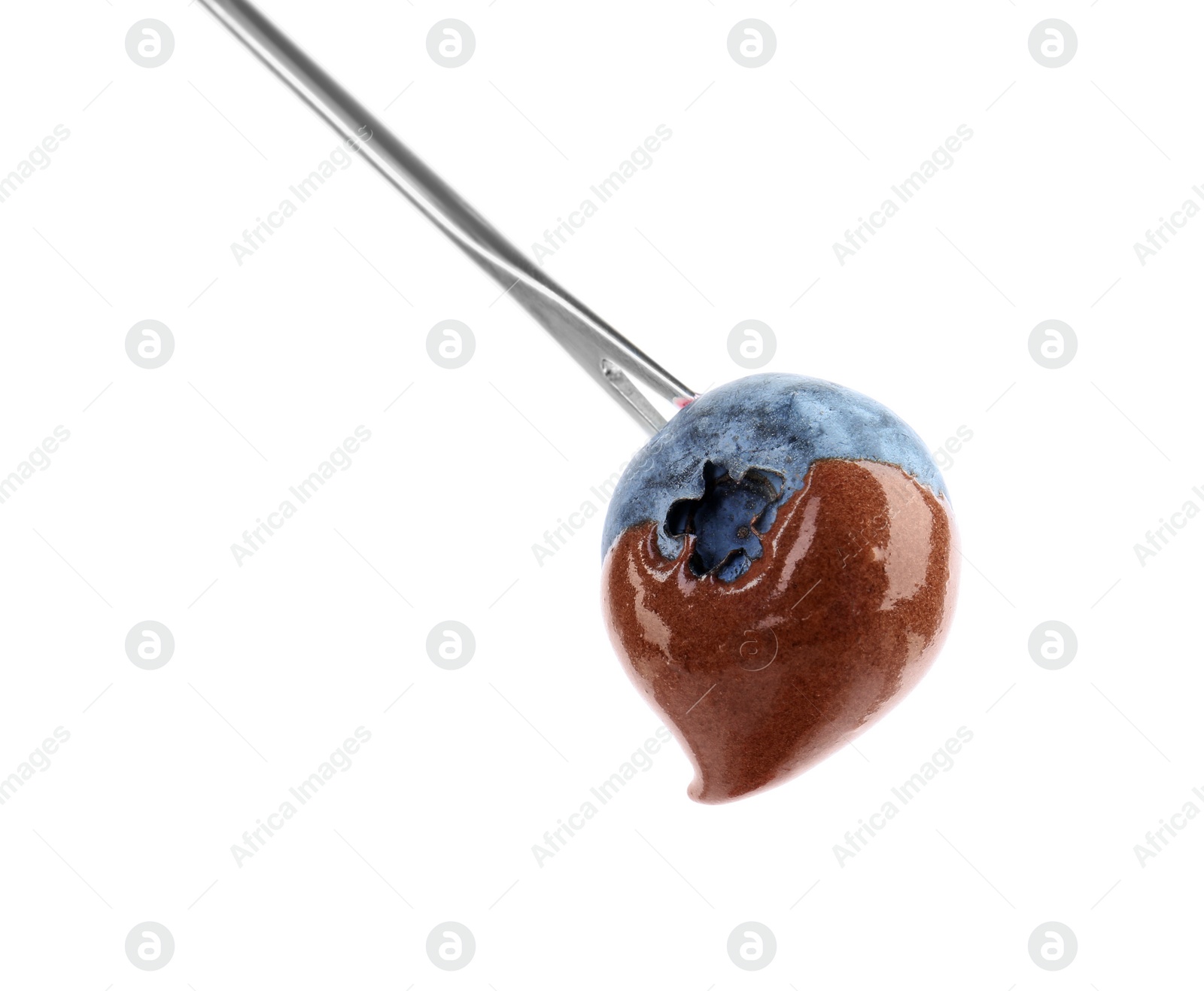 Photo of Blueberry with melted chocolate isolated on fondue fork against white background