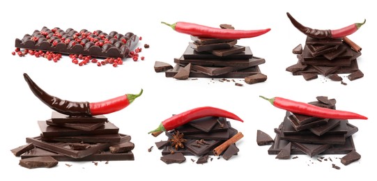 Collage with delicious chocolate, red peppercorns and chili peppers on white background