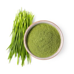 Photo of Wheat grass powder in bowl and fresh sprouts isolated on white, top view