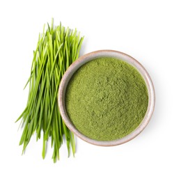 Wheat grass powder in bowl and fresh sprouts isolated on white, top view