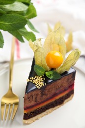 Piece of tasty cake decorated with physalis fruit on table, closeup
