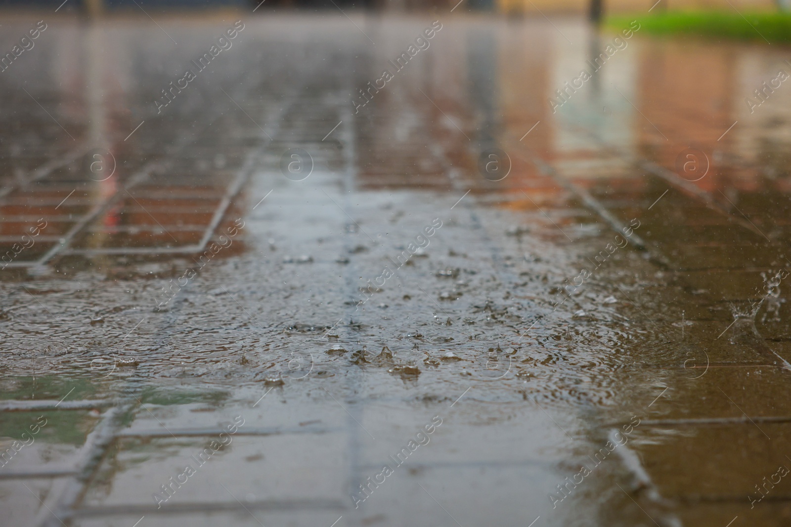 Photo of View of city street with puddles on rainy day, closeup