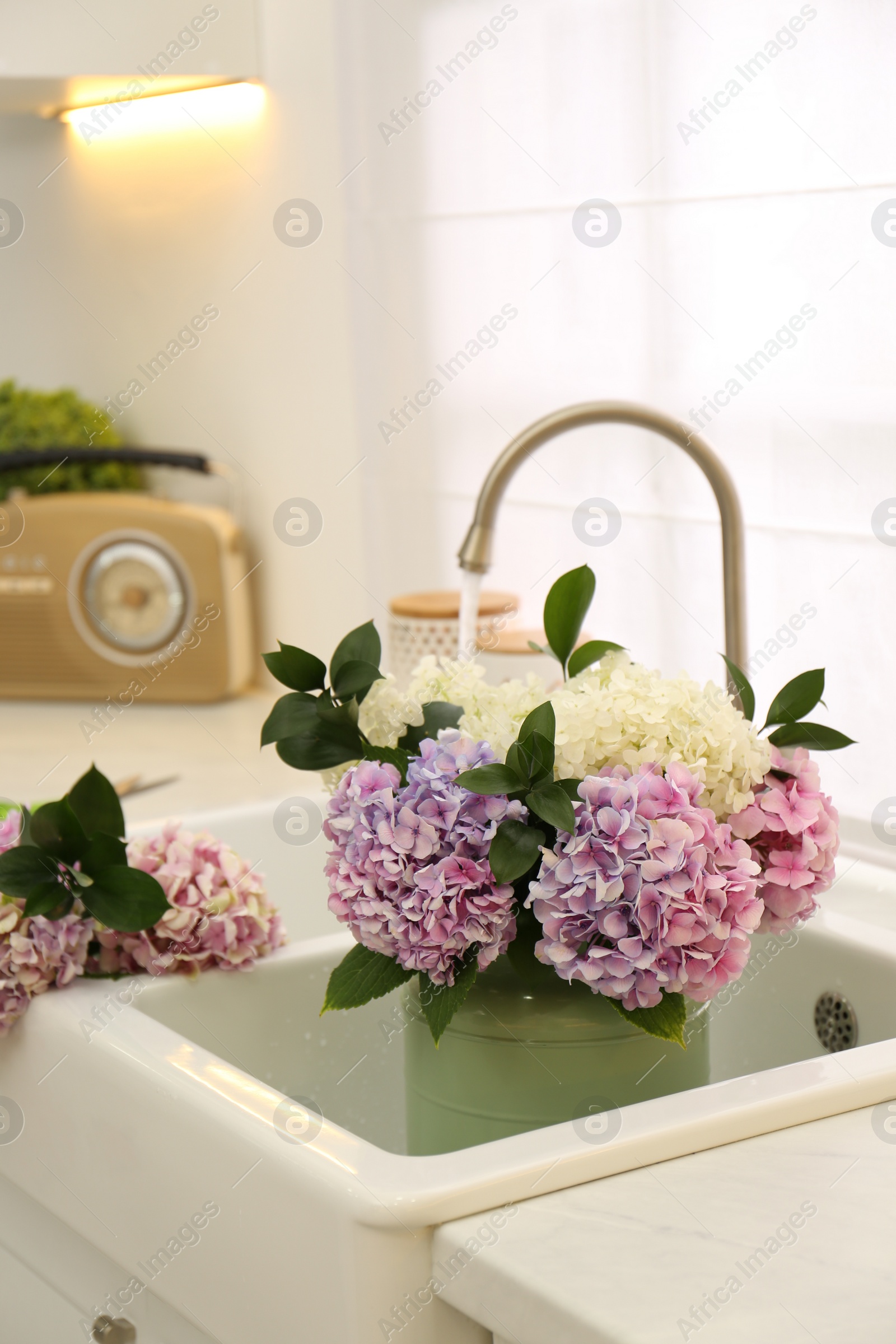 Photo of Bouquet with beautiful hydrangea flowers in sink