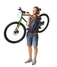 Happy young man holding bicycle on white background