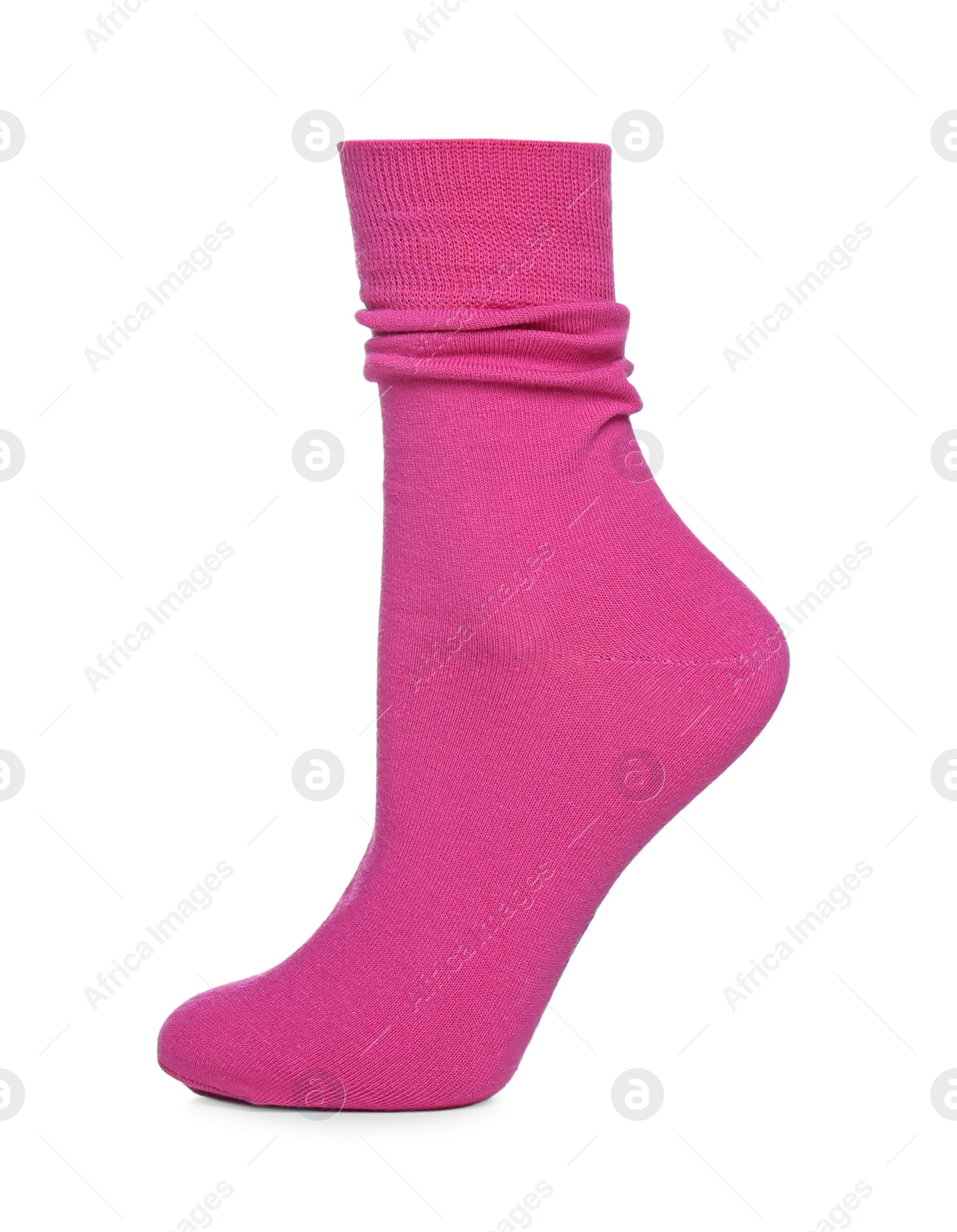 Photo of Pink sock isolated on white. Footwear accessory